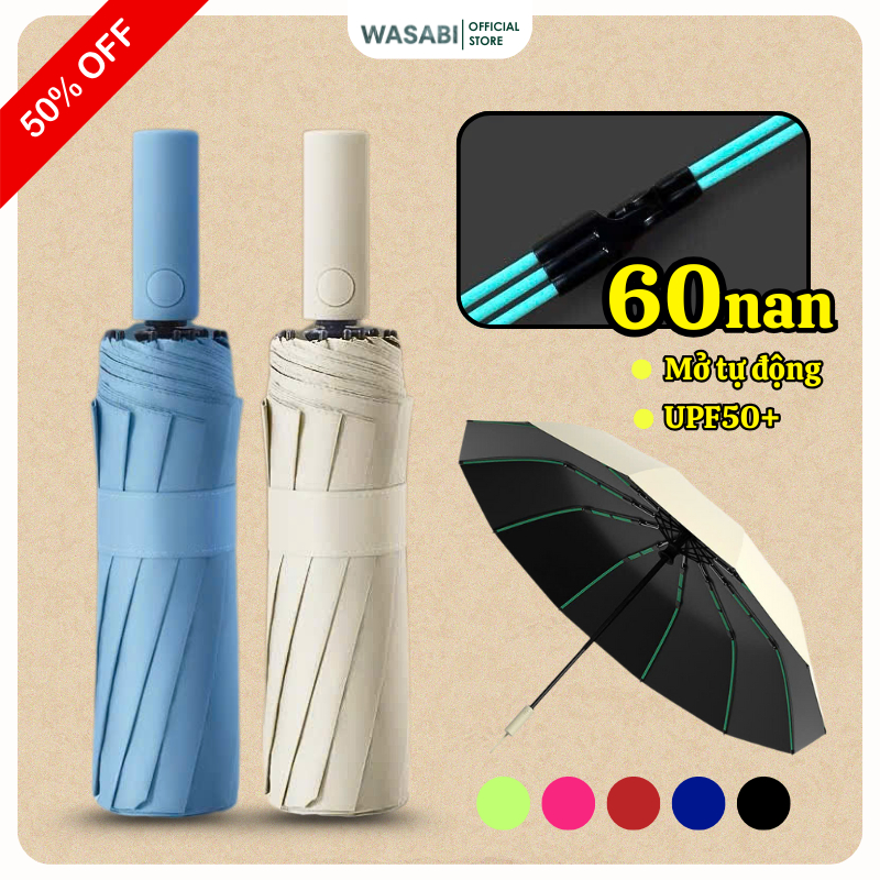 Ô Dù Che Mưa Chống Nắng UPF50+ Gấp Gọn Mở Tự Động Wasabi 60 Nan Thép Bền Bỉ Chắn Gió