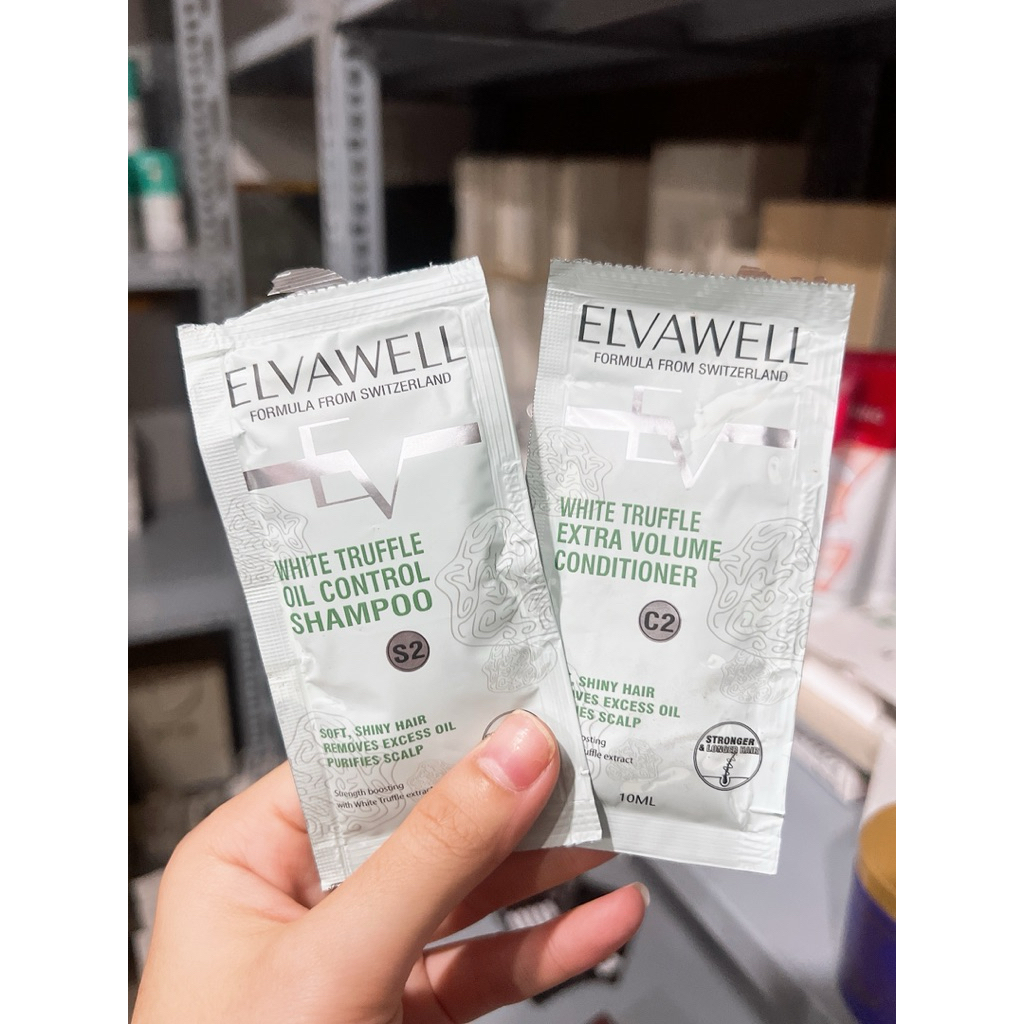 Gói mini dùng thử dầu gội Elvawell.