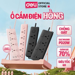 [HOẢ TỐC] Ổ Cắm Điện Hồng Trắng Đen 2026 Deli Ổ Điện Đa Năng Chống Cháy Nổ Ổ Cắm Điện Có Dây 2500W Cổng Sạc USB/ TypeC