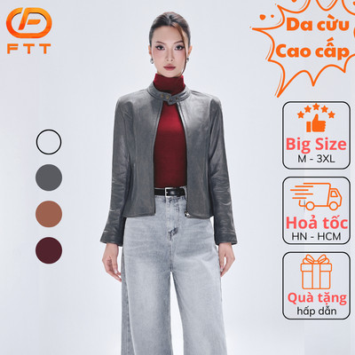 Áo da cừu nữ Racer Jaket trơn đơn giản cao cấp FTT Leather tay cúc bấm không bong tróc nổ AN201C