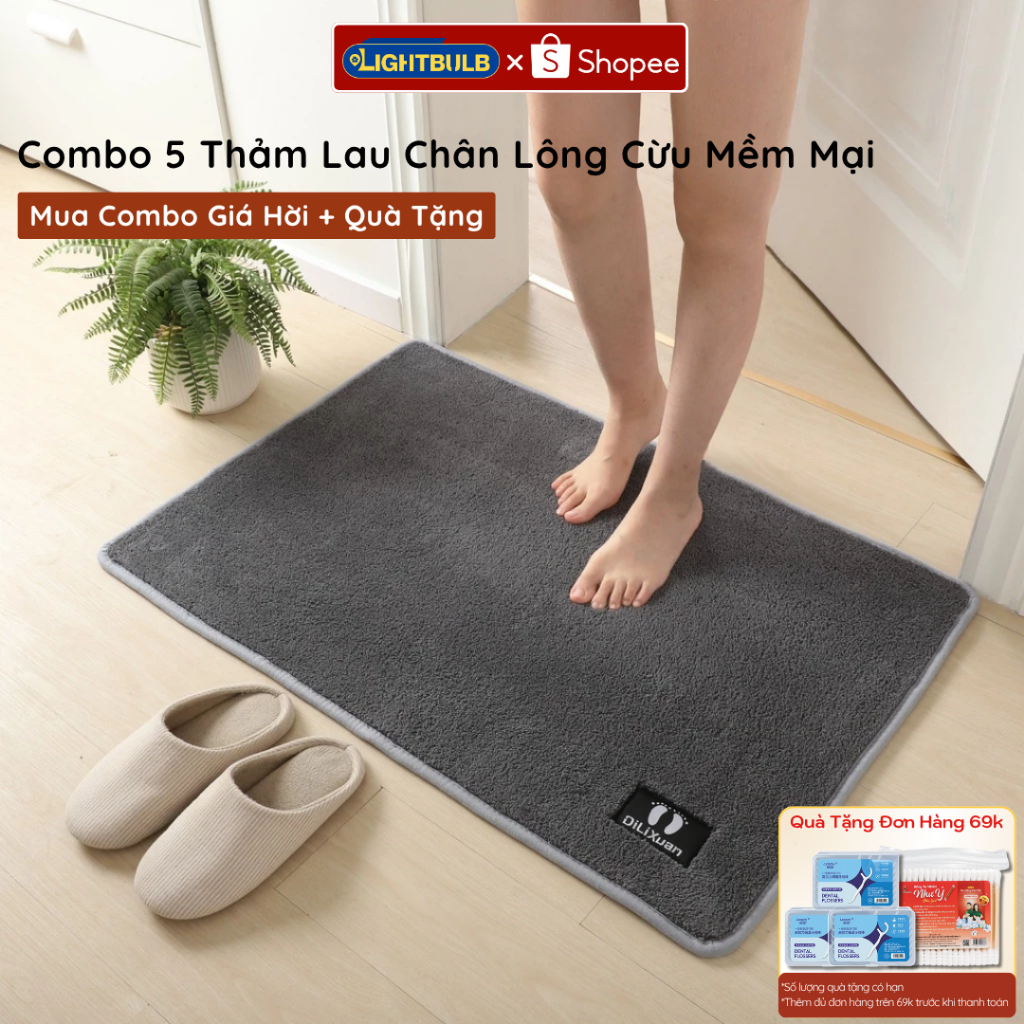COMBO 5 Thảm Lau Chân Lông Cừu Mềm Mại - Thảm Chùi Chân Kích Thước 40x60cm Siêu Thấm Hút Nước