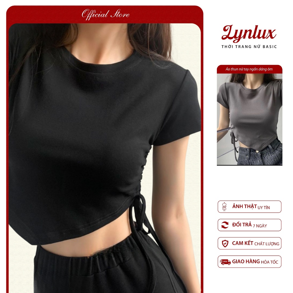 Áo thun nữ tay ngắn dáng ôm phối dây rút lệch – Thiết kế croptop trẻ trung, tôn dáng thời trang