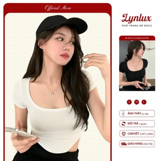 Áo thun nữ croptop vạt bầu cổ vuông tay ngắn – Chất tăm co giãn, ôm body tôn dáng, size dưới 53kg