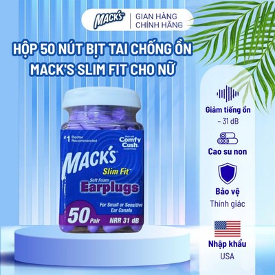 Hộp 50 đôi nút bịt tai chống ồn Mack's Slim Fit dành cho nữ, cao su non mềm mại giúp ngủ ngon, tập trung