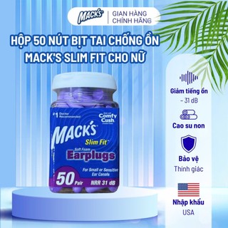 Hộp 50 đôi nút bịt tai chống ồn Mack's Slim Fit dành cho nữ, cao su non mềm mại giúp ngủ ngon, tập trung