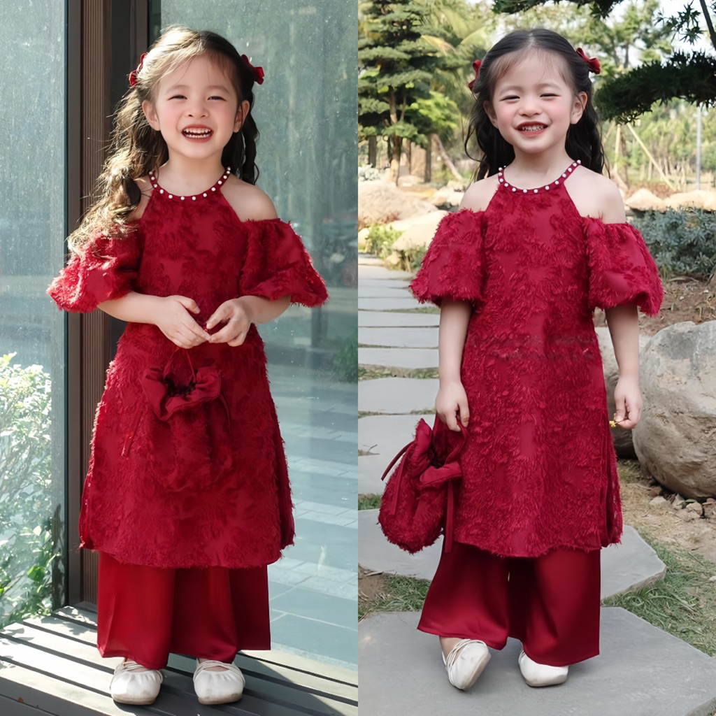  AD21  Kèm Túi   Sét Áo Dài Cổ Yếm Tay Bồng Lông Yến Phượng Phối Quần Lụa Cho Bé Gái 2025 Vani Kids 
