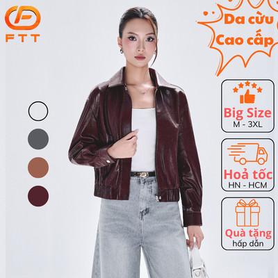 Áo da cừu nữ Collar Blouson bo da thật cao cấp FTT Leather tay khoá kéo không bong tróc nổ AN402C