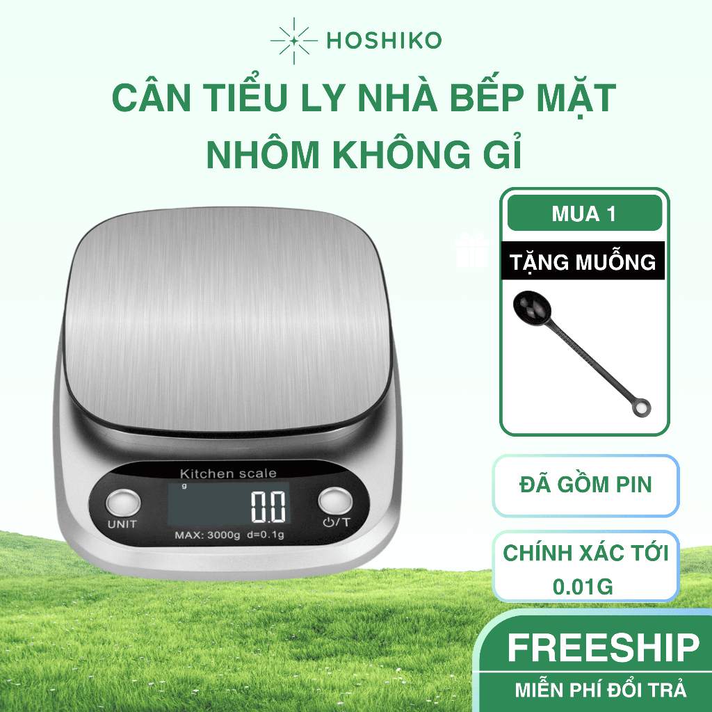 Cân tiểu ly điện tử nhà bếp mini định lượng 5-10kg, Hoshiko, CTL1, cân điện tử chính xác cao, kèm pin
