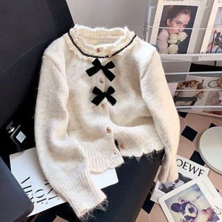   SẴN  Áo len cardigan cổ phối ren kèm nơ điệu đà tiểu thư áo khoác ngoài phong cách ngọt ngào - 162 