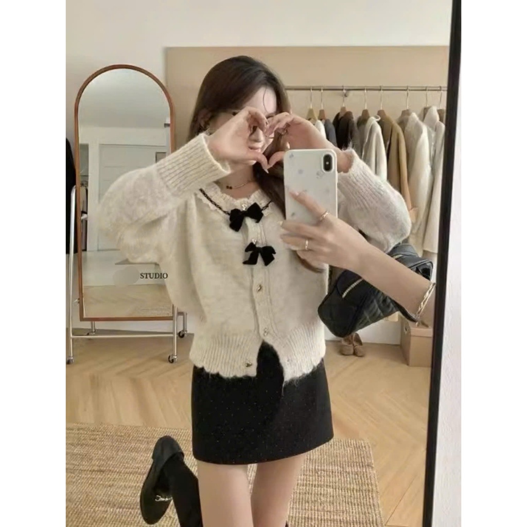 [SẴN] Áo len cardigan cổ phối ren kèm nơ điệu đà tiểu thư, áo khoác ngoài phong cách ngọt ngào - 162 | BigBuy360 - bigbuy360.vn
