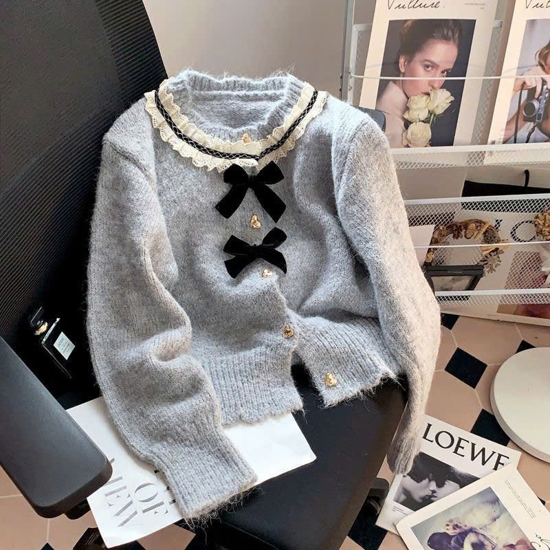 [SẴN] Áo len cardigan cổ phối ren kèm nơ điệu đà tiểu thư, áo khoác ngoài phong cách ngọt ngào - 162 | BigBuy360 - bigbuy360.vn