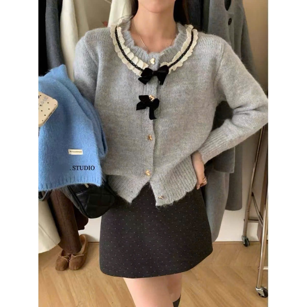 [SẴN] Áo len cardigan cổ phối ren kèm nơ điệu đà tiểu thư, áo khoác ngoài phong cách ngọt ngào - 162 | BigBuy360 - bigbuy360.vn