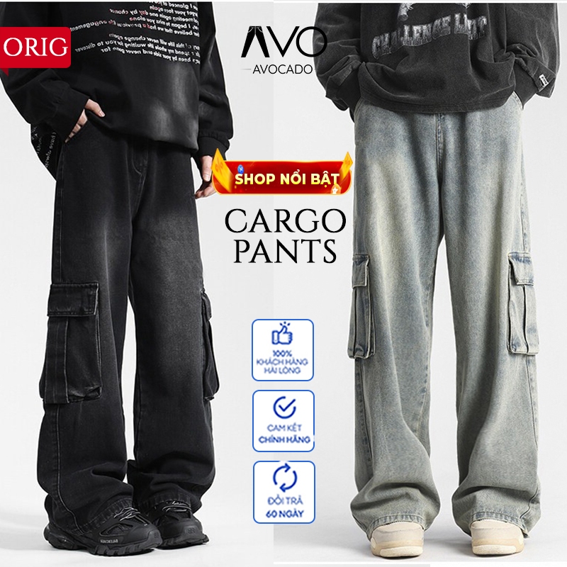 Quần Bò Jeans nam nữ baggy ống xuông Túi hộp Cargo Pants rộng Unisex Bigsize  Avocado