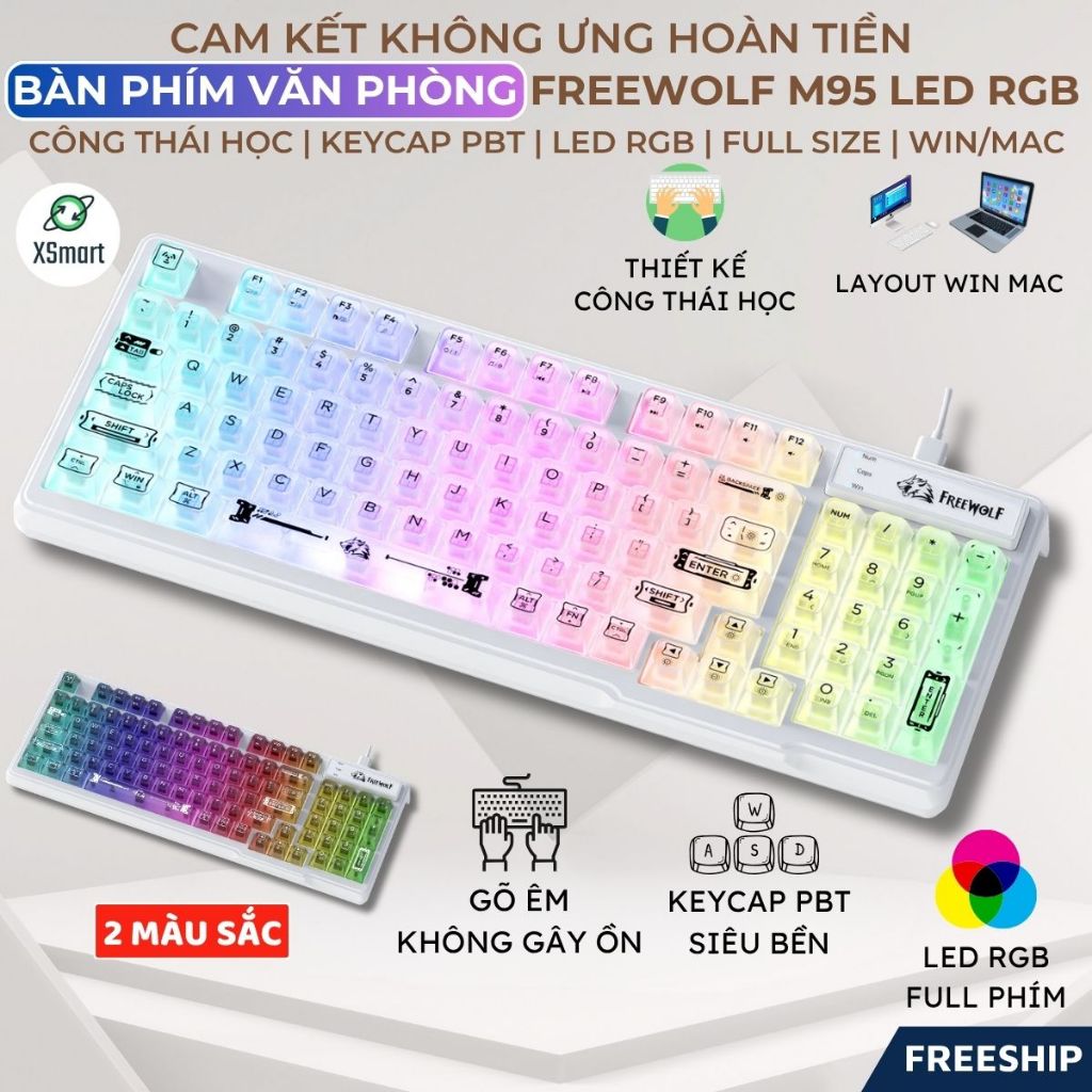 Bàn Phím Văn Phòng Có Dây FreeWolf M95 LED RGB, Keycap Trong Suốt, Gõ Êm Giảm Ồn, Full Size, Win Mac | BigBuy360 - bigbuy360.vn