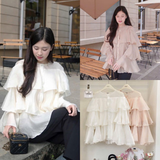  Áo Kiểu Babydoll Tơ Voan Tay Dài Tầng Tiểu Thư Cài Nút Bồng Bềnh 