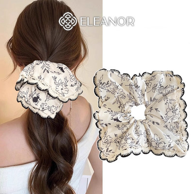Dây buộc tóc nữ scrunchies Eleanor Accessories họa tiết hoa lá viền đen phụ kiện tóc cột tóc 10680