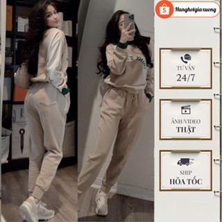  Đồ bộ nữ set đồ nữ áo phông nỉ be dài tay phối màu viền cổ xanh in chữ ngực mix quần dài suông bo gấu cạp chun HCOM3226 