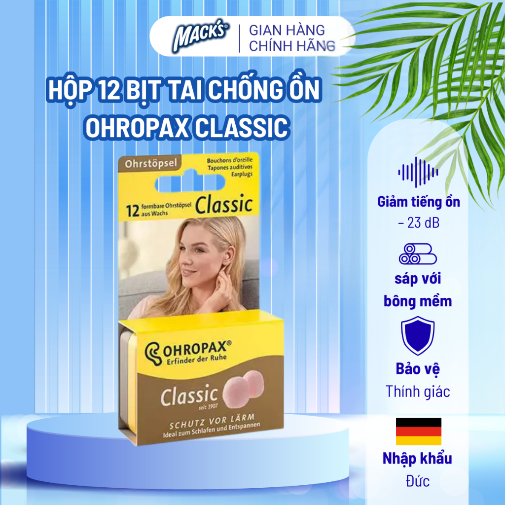 Hộp 12 nút bịt tai chống ồn, ngăn nước vào tai OHROPAX CLASSIC cho bơi, tắm, ngủ, học, sự kiện ồn ào, đi máy bay