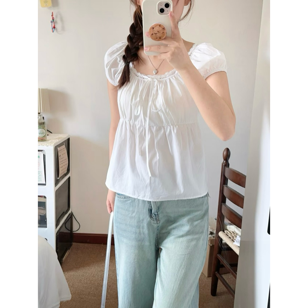 Áo Nữ Kiểu Màu Trắng Cổ Nhún Buộc Nơ Phối Ren, Áo kiểu tay ngắn nữ dáng babydoll