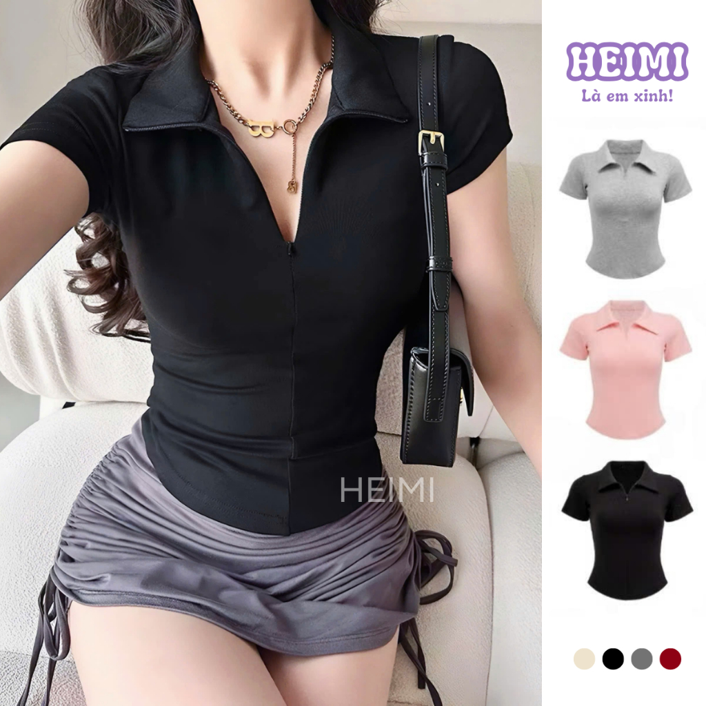 Áo Thun Nữ Cổ Bẻ Phối Dây Kéo Form Ôm Chất Vải Cotton Mịn Co Giãn HEIMI | BigBuy360 - bigbuy360.vn