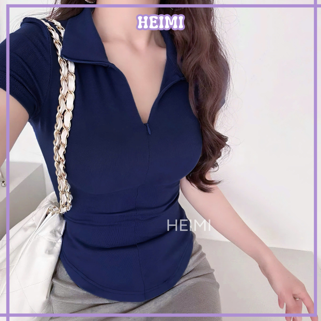 Áo Thun Nữ Cổ Bẻ Phối Dây Kéo Form Ôm Chất Vải Cotton Mịn Co Giãn HEIMI | BigBuy360 - bigbuy360.vn
