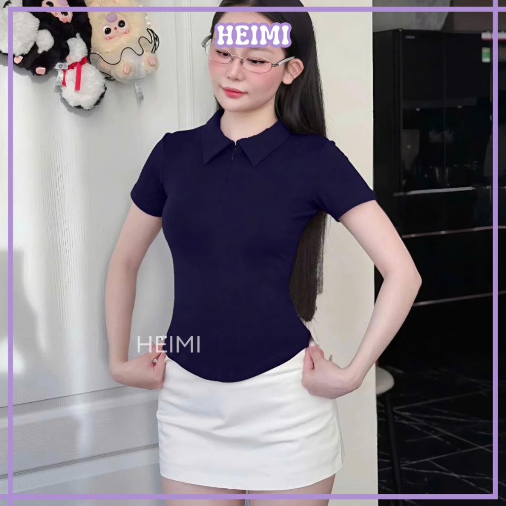 Áo Thun Nữ Cổ Bẻ Phối Dây Kéo Form Ôm Chất Vải Cotton Mịn Co Giãn HEIMI | BigBuy360 - bigbuy360.vn