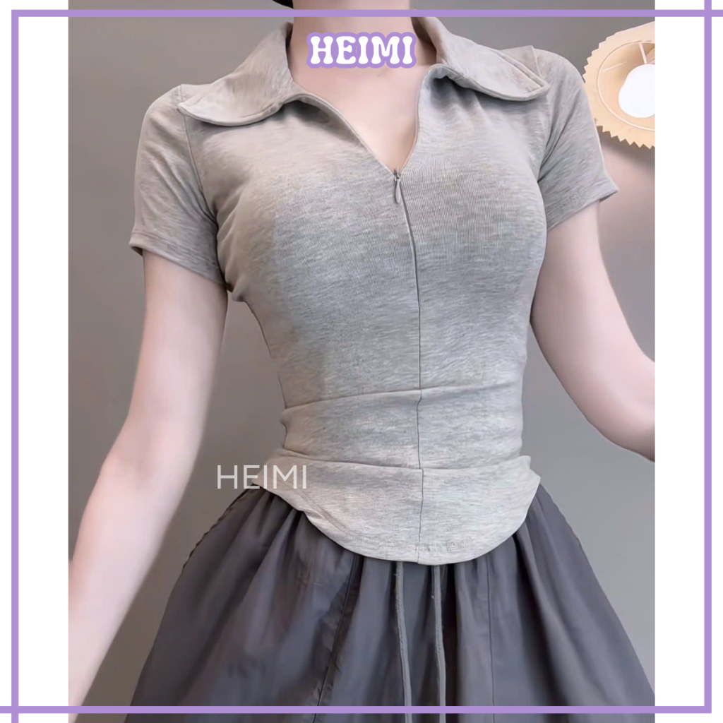 Áo Thun Nữ Cổ Bẻ Phối Dây Kéo Form Ôm Chất Vải Cotton Mịn Co Giãn HEIMI | BigBuy360 - bigbuy360.vn
