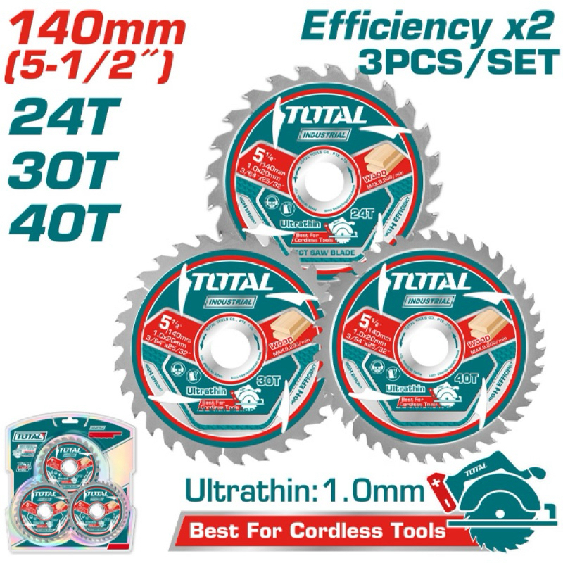 Bộ 3 lưỡi cưa gỗ siêu mỏng TOTAL TAC236140 140mm (24T / 30T / 40T) – lưỡi cưa TCT hợp kim