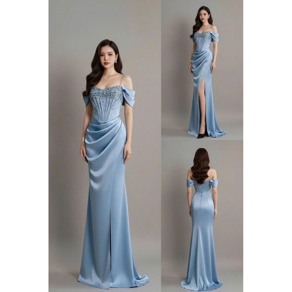 Đầm maxi cưới bẹt vai đính đá TRIPBLE T DRESS - size S/M/L