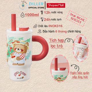 Bình giữ nhiệt Diller D9366 Jam Bear Series, 1000ml quai xách tiện lợi, nút silicon chống trào