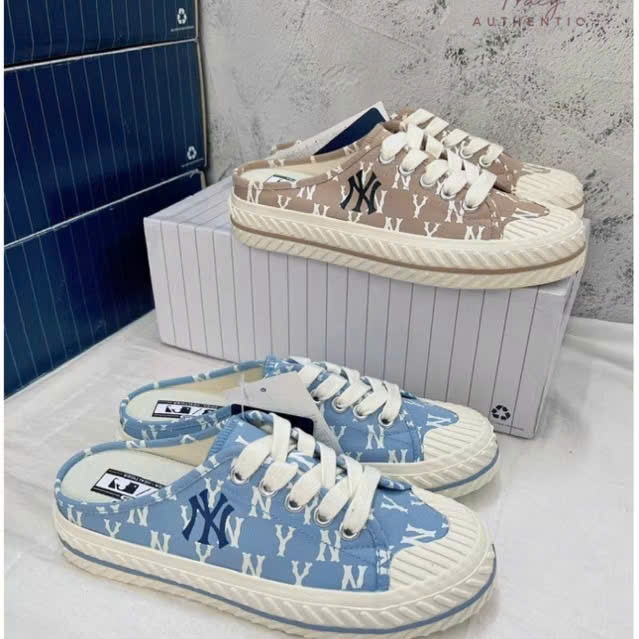 (CHÍNH HÃNG) Giày lười mule MLB playball mono 2 màu be xanh nữ