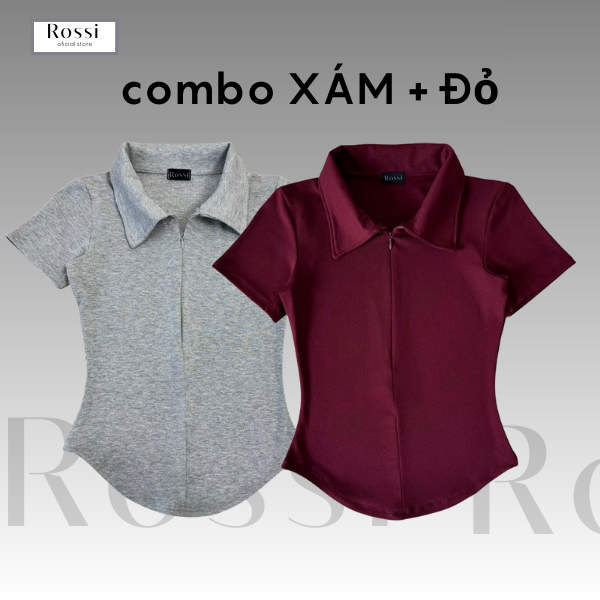Áo thun nữ cổ bẻ phối dây kéo ROSSI , áo polo nữ ôm dáng vải cotton mịn, áo thun babytee cổ bẻ | BigBuy360 - bigbuy360.vn