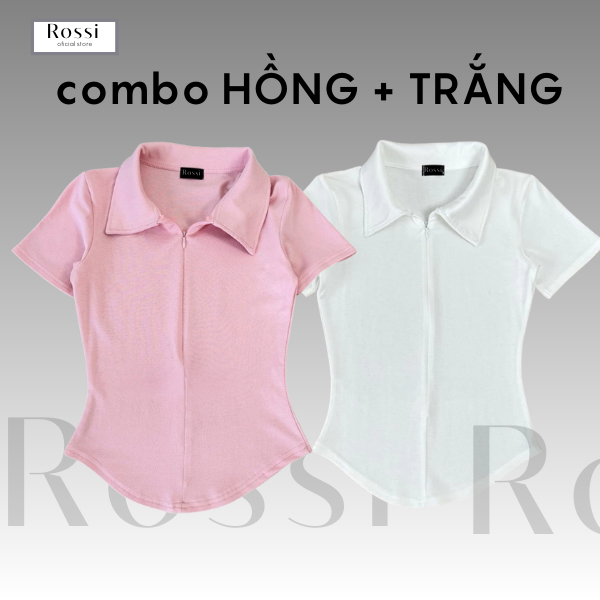 Áo thun nữ cổ bẻ phối dây kéo ROSSI , áo polo nữ ôm dáng vải cotton mịn, áo thun babytee cổ bẻ | BigBuy360 - bigbuy360.vn
