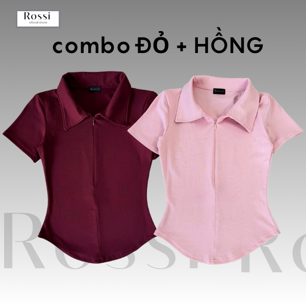 Áo thun nữ cổ bẻ phối dây kéo ROSSI , áo polo nữ ôm dáng vải cotton mịn, áo thun babytee cổ bẻ | BigBuy360 - bigbuy360.vn