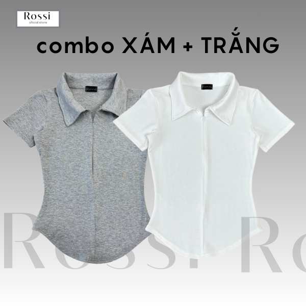 Áo thun nữ cổ bẻ phối dây kéo ROSSI , áo polo nữ ôm dáng vải cotton mịn, áo thun babytee cổ bẻ | BigBuy360 - bigbuy360.vn