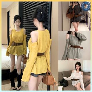   A464  Set Áo len LƯỚI montoghi KHOÉT VAI KÈM ĐAI TO tay dài mặc ngoài đi biển dễ phối đồ - L2M 