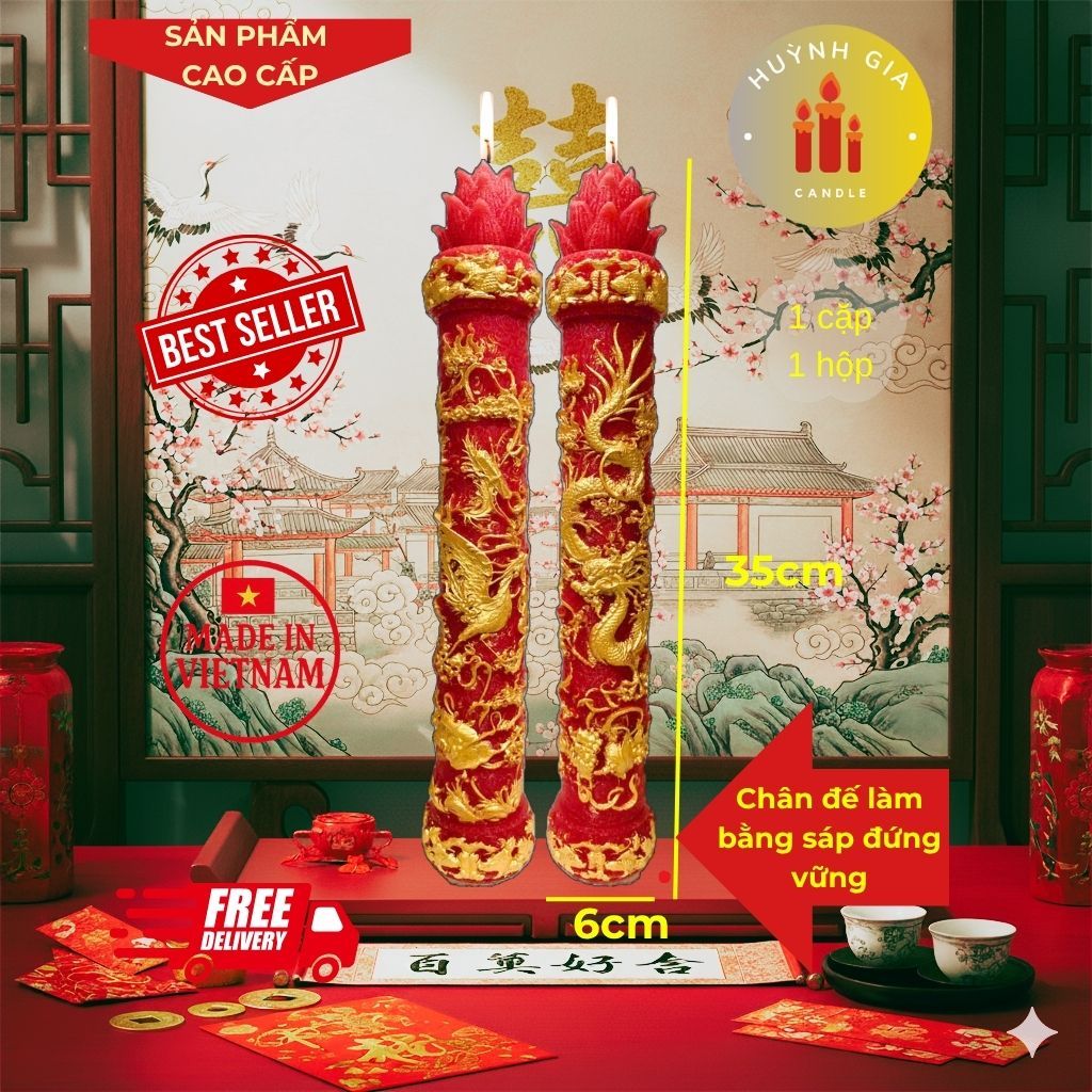 1 Cặp đèn cầy (nến) thơm Long Phụng, song Long, song Phụng dâng phật, trang trí gia tiên.
