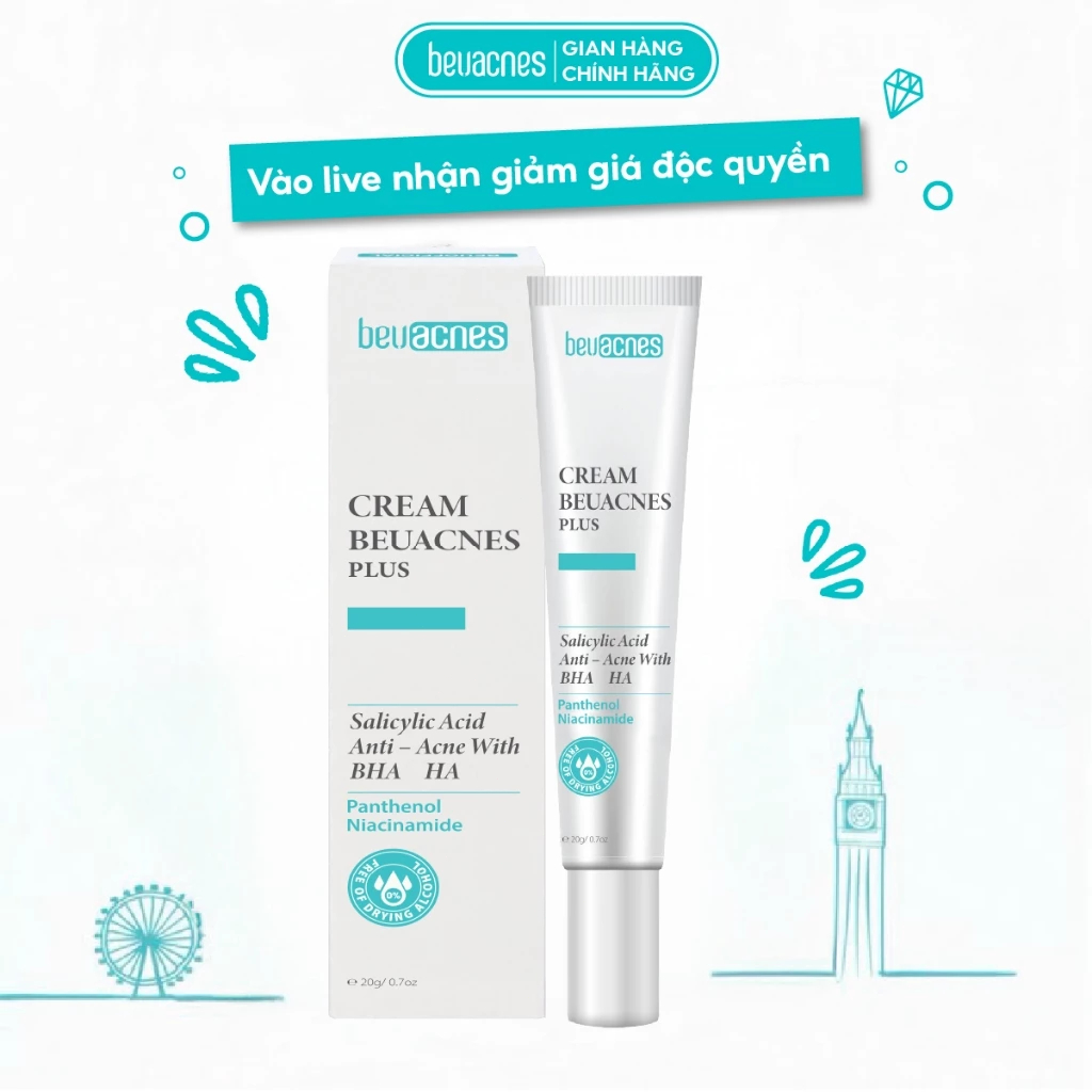 Kem giảm mụn nhanh 24h BEUACNES PLUS mụn trứng cá, chiết xuất rau má, hỗ trợ mờ thâm mụn 15g