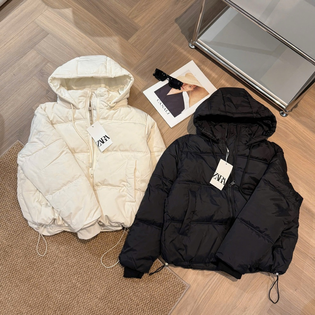 Áo Phao ZARA Nữ Ngắn Chun Gấu Có Mũ Màu Đen/Trắng Dáng Rộng Oversize Siêu Ấm