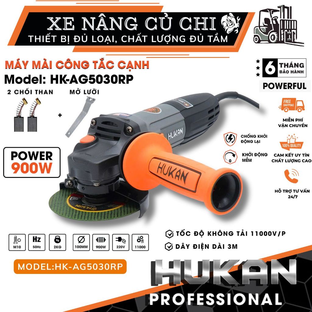 Máy mài cầm tay HUKAN HK-AG5030RP, công suất 900W, đĩa mài 100mm, tốc độ 11000 vòng/phút,gọn nhẹ