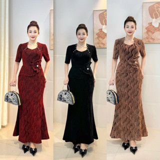  Đầm Dạ Hội Đuôi Cá Trung Niên Thân Dài Thun Nhũ Dệt 3D Cao Cấp Váy Dự Tiệc Cưới Sang Trọng Cho Mẹ U50-U60  50-75kg  