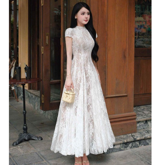 Váy Ren Đi tiệc Dáng Dài Tay Ngắn Bánh Bèo - Mellystore