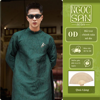  Áo dài Tết cách tân Khải Hưng nam màu xanh rêu vân gấm nổi sang trọng có bigsize – Áo dài Ngọc San 