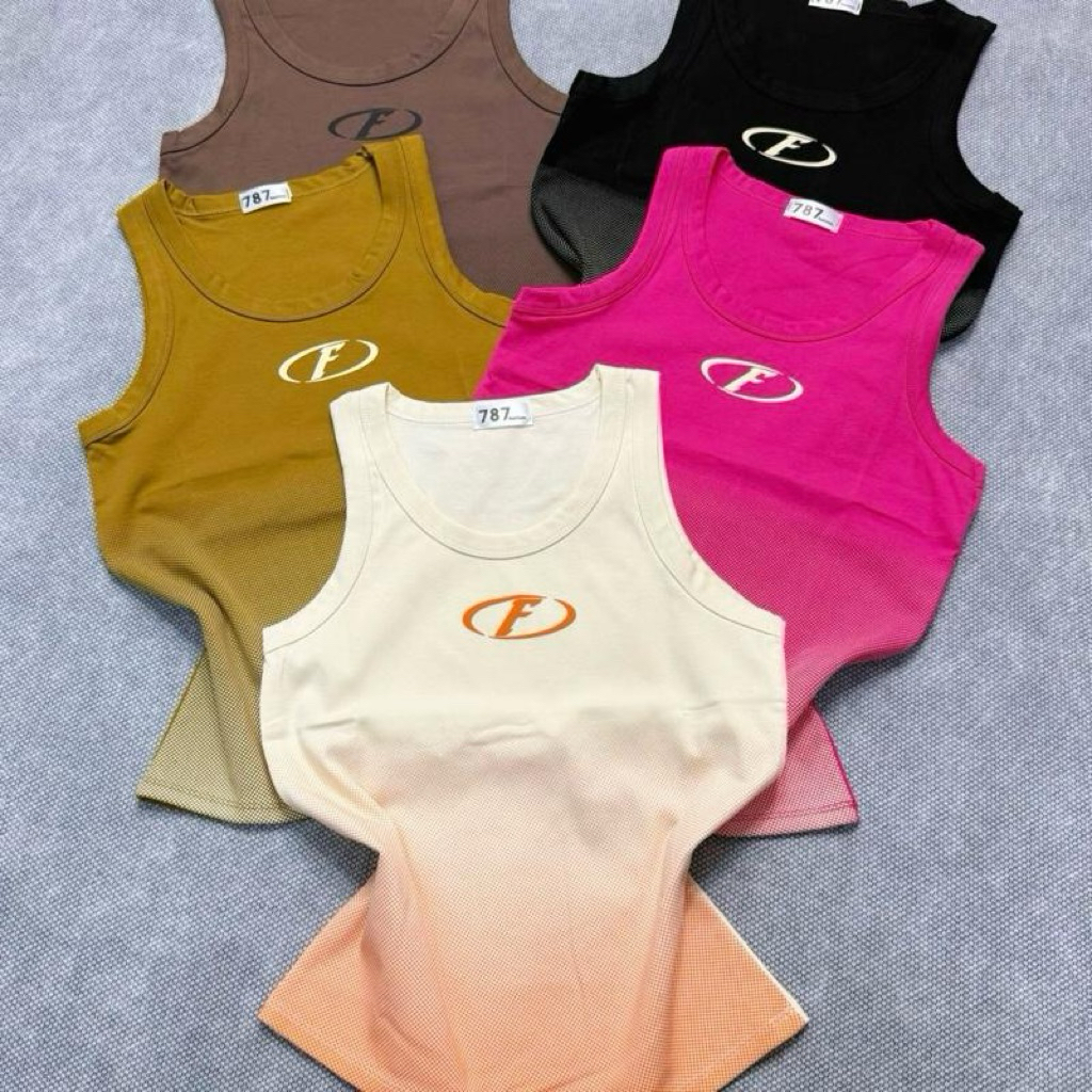 Áo thun ba lỗ B56 fom ôm loang màu chữ F xinh