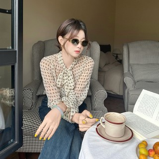  Áo sơ mi voan nữ Claire cổ nơ tay dài họa tiết chấm bi vintage chất voan lụa mềm thoáng kiểu nữ công sở thanh lịch 