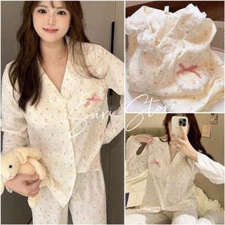   Hàng QCL1 Fullsize M-2XL  Bộ đồ ngủ bộ mặc nhà nữ dài tay hoa nhí phối ren phong cách tiểu thư đáng yêu thu đông 