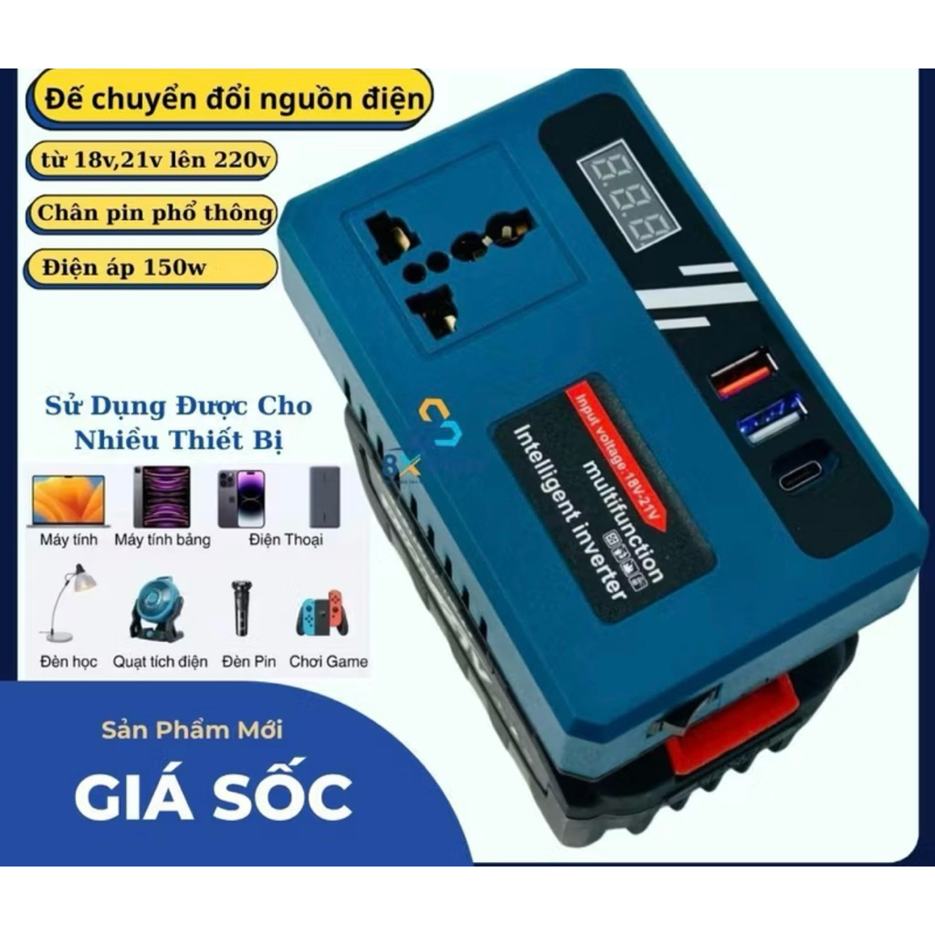 Bộ đế chuyển đổi nguồn 18V-21V lên điện 220V, Chân phổ thông 4cm, điện áp 150w