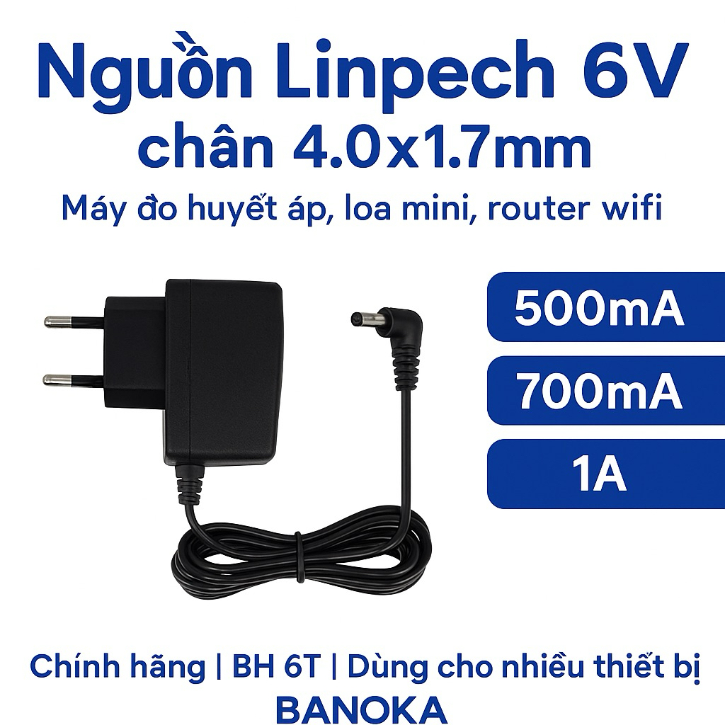 Nguồn adapter Linpech 6V – Máy đo huyết áp, micro không dây, đèn LED, BH 6 tháng