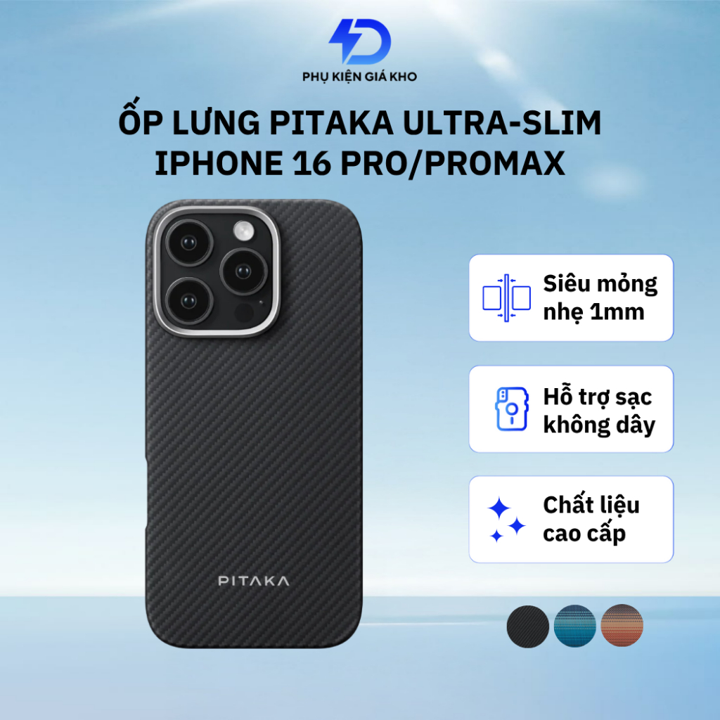 Ốp lưng Pitaka cho iPhone 16 Pro / Pro Max Ultra-Slim siêu mỏng vải dệt cao cấp hỗ trợ sạc không dây