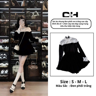  Set áo nhung đen phối ren trắng cao cấp đính đá cổ + chân váy xòe đẹp sang trọng tiểu thư diện tiệc tùng 